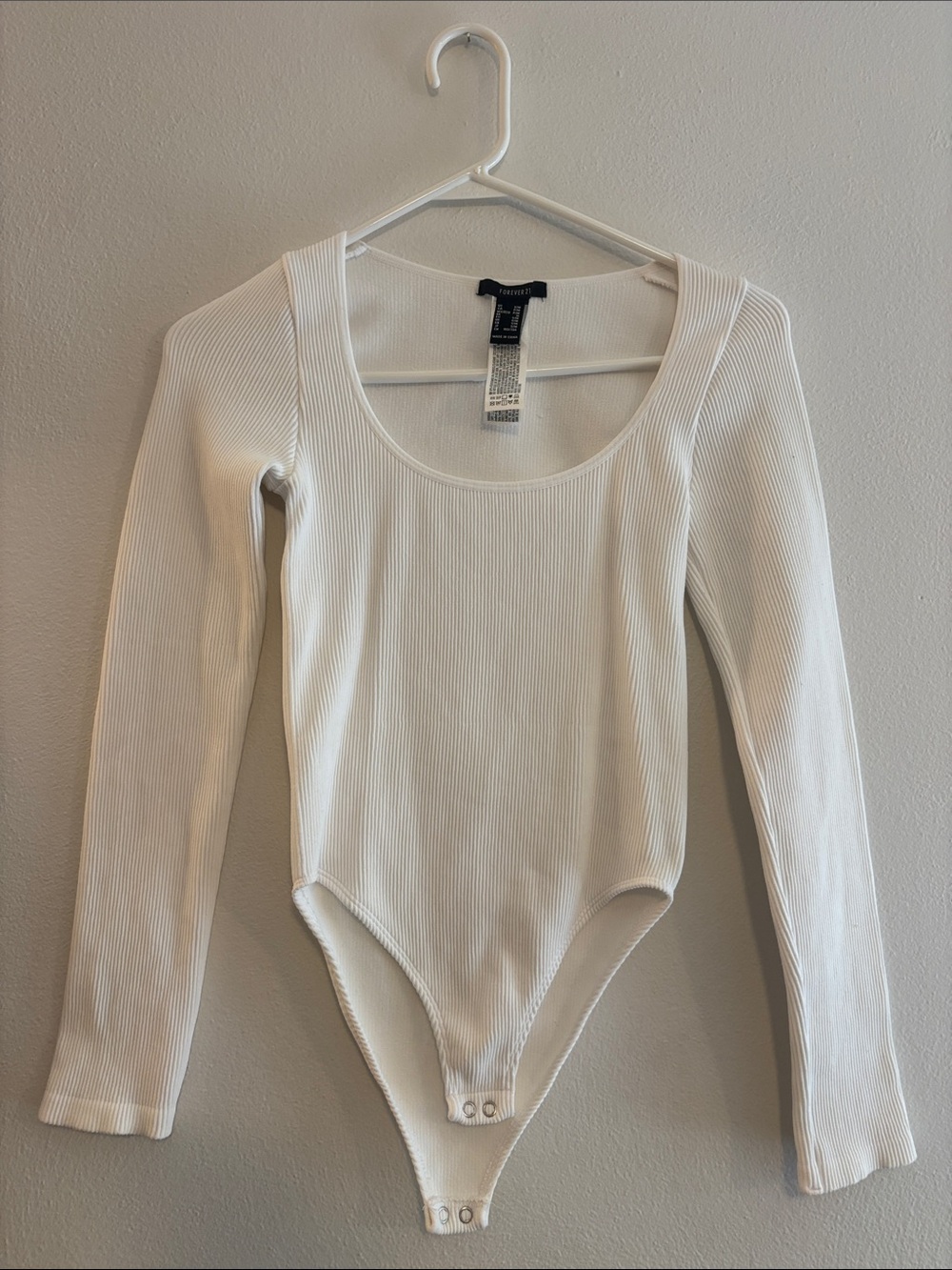 Forever 21 Cream Ribbed Long-Sleeve Scoop Neck Bodysuit